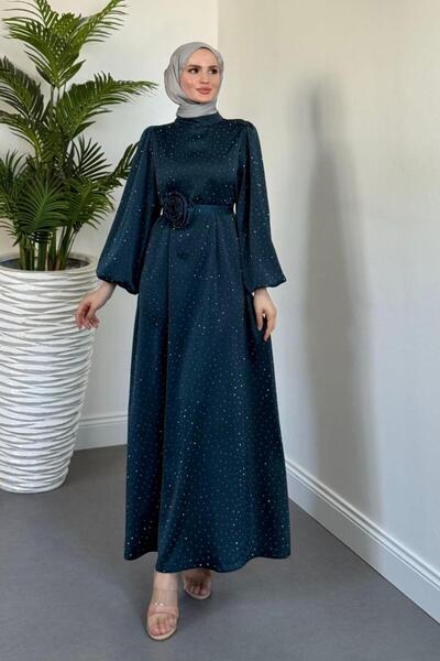 MERVEN AKYÜZ Margherita Stone Balloon Sleeve Evening Dress Petrol Green
