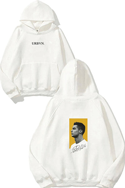 urbvn Cr Ronaldo Design Printed Oversize White Hooded Sweatshirt