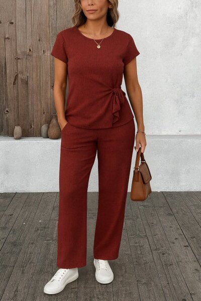 MODAVERA Women's Short Sleeve Crew Neck Side Tie Wrinkle Blouse and Trousers Double Suit