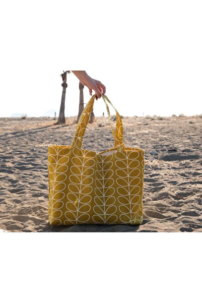 Elegancembroidery Sarı Yaprak Desenli Çok Amaçlı Tote Çanta 55x50 Cm