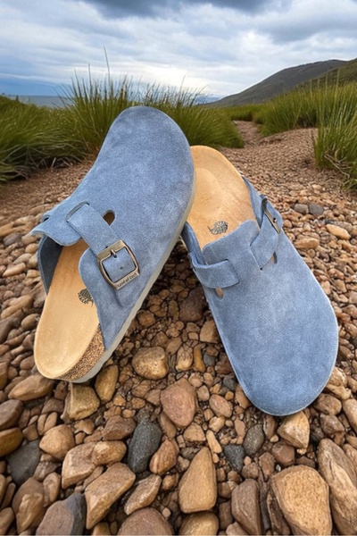 Land of Cork Unisex Denim Blue Suede Leather Closed Anatomical Natural Cork Sole Slippers