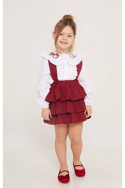 Pinkitokids Red Girl's Salopet and Embroidered Collar Shirt Set