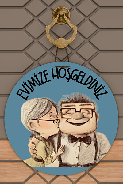 Dormot Modern Kapı Süsü - Mavi Desen Tatlı Çift - Dijital Ahşap Baskı - Kişi Özel Tasarım Kapı Süsü