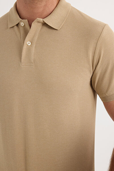 Tudors Men's Slim Fit Slim Fit Cotton Soft Textured Cool Holding Fabric Plain Pique Beige Polo Collar T-Shirt