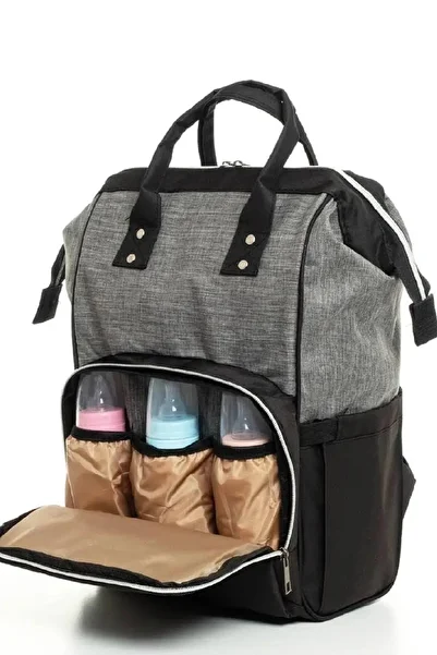 Yerli Mother Baby Care Backpack with Bottle Thermos Liquid Proof Stroller with Hanger Apparatus Black Gray Striped