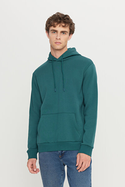 AC&Co / Altınyıldız Classics Мъжки тъмнозелен памучен суичър с 3 нишки и стандартна кройка с качулка и вътрешен полар
