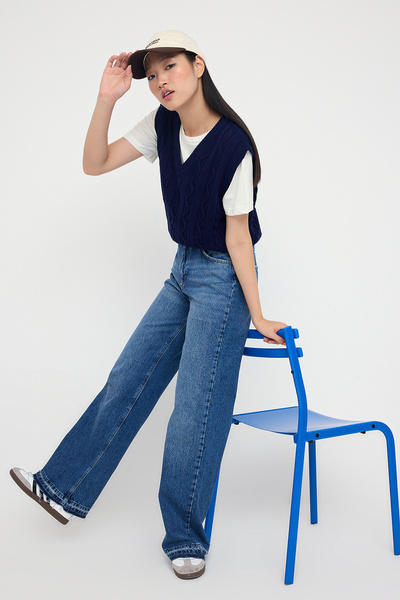 Trendyol Collection Blugi Palazzo pentru adolescenți, albastru, cu talie înaltă, cu picioare late TWOAW26JE00100
