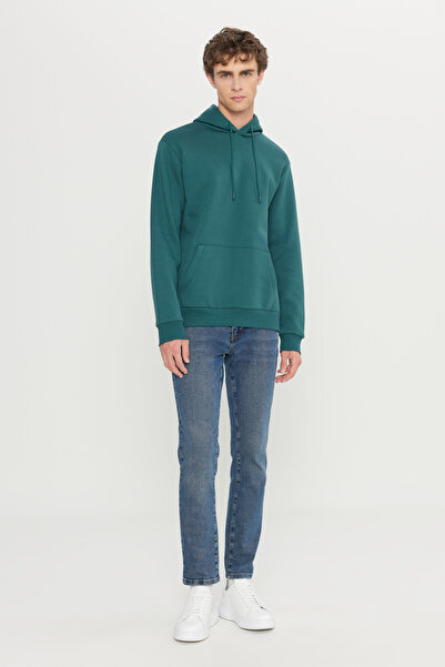 AC&Co / Altınyıldız Classics Мъжки тъмнозелен памучен суичър с 3 нишки и стандартна кройка с качулка и вътрешен полар