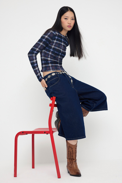 Trendyol Collection Teen Navy Blue Plaid Gipeli Slim/Fitted Knitted Blouse Twoaw26Bz00086