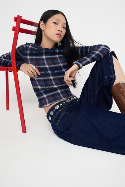Trendyol Collection Teen Navy Blue Plaid Gipeli Slim/Fitted Knitted Blouse Twoaw26Bz00086