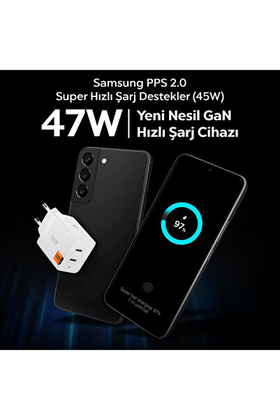 Spigen 47W USB-C 2 Port Mini Hızlı Şarj Aleti Samsung PPS 2.0 GaN Pro Destekli Akım Koruma Type-C ACH08707