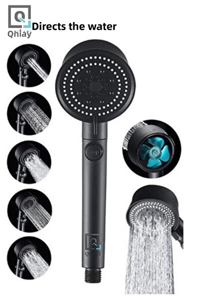 QNİAY رأس دش أسود، رشاش مضغوط، زر إيقاف، مروحة توفير المياه، حمام دش