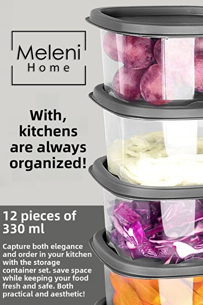 Meleni Home 12 Pieces of Square Food - Microwave 330ml Anthracite Food Storage Container