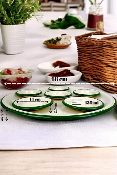 İnci Emaye 7 Piece Large Size Green Enamel Breakfast Set, Presentation, Breakfast Plate, Jam Bowl, Dowry