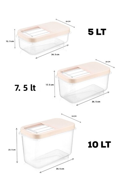 Meleni Home 3-Piece Pulses Storage Container - Food Storage Container with Sliding Lid Flour Container Cream 5 Lt-7,5 Lt-10 Lt