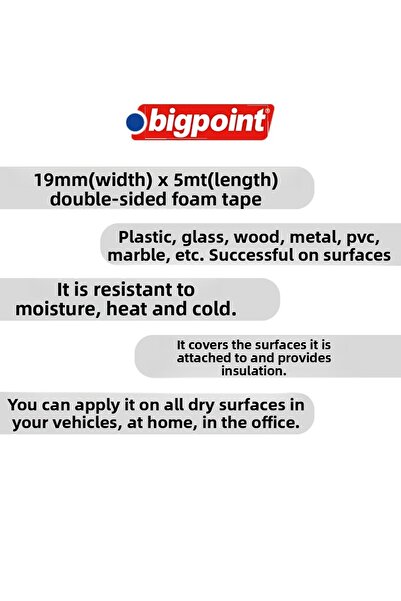 Bigpoint Ταινία διπλής όψης αφρού Hotmelt, 19 mm x 5 m, Ιδανική για τοποθέτηση