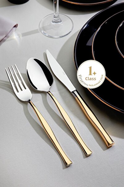 Nehir Elegant Gold Plain 12 Person 89 Piece Leather Boxed Fork Spoon Knife Set