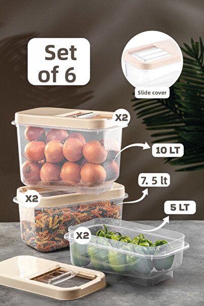 Meleni Home 6-Piece Pulses Storage Container - Food Storage Container with Sliding Lid Flour Container Cream 2x(5 Lt-7.5 Lt-10 Lt)