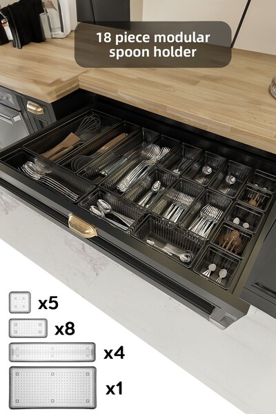 Meleni Home Set modular de 18 - Organizator antracit pentru tacâmuri, organizator pentru tacâmuri și cuțite