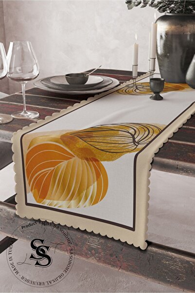 SasoHome Mustard Color Modern Leaves Patterned Digital Printed Decorative Runner