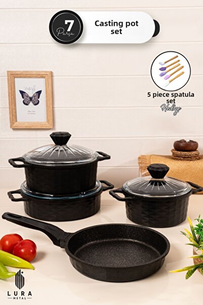Skygo 7 Pieces Granite Cast Black Cookware Set - 3 Layers Granite Finish 28 cm