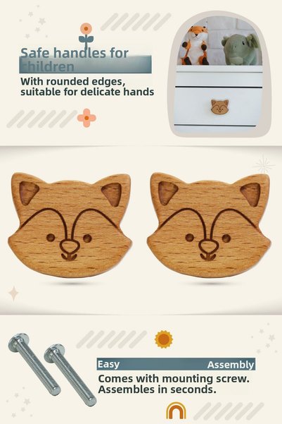 Üreet Fox Pattern (2 Pcs) Baby Kids Room Wooden Furniture Cabinet Drawer Handle