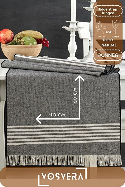 vosvera مقاس 40 × 180 سم - هامش، كتان قطن طبيعي، تفاصيل منحنية