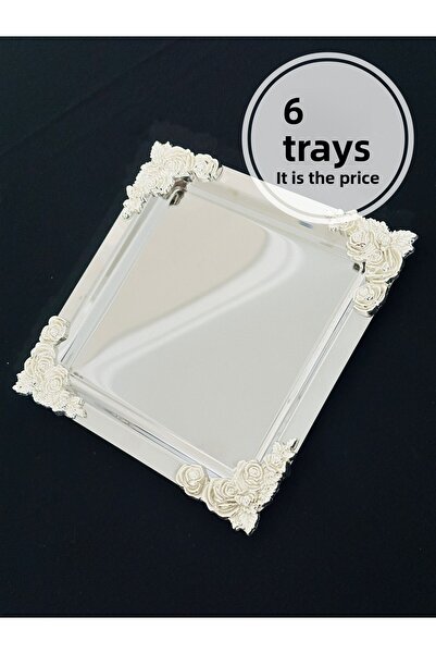 Melinda home 6 Pieces Stainless Steel Square Silver Rose Accessory Detailed Catering Service Presentation Tray 21X21 cm