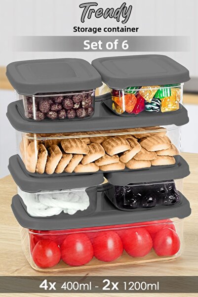 Meleni Home Set of 6 Gray Food Storage Containers - Microwavable Organizer