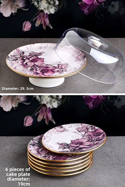 Pinkev Petunia 7-Piece Ceramic Cake Presentation Plate Set with Fan - Kup120P