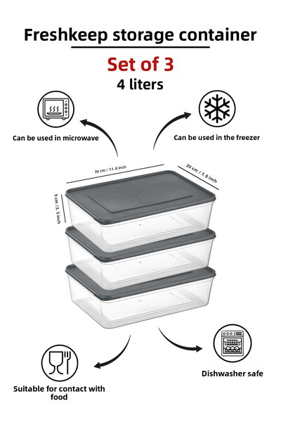 bizimevde 3-Piece Storage Container 4 Liter Deep Freezer Microwave Compatible