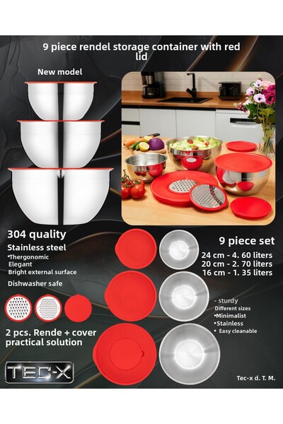 TEC-X Rosso 9 Pcs. Storage Container with Grater Red (24 Cm, 20 Cm, 16 cm)