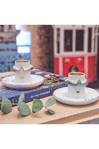 Karaca Saffet Emre Tonguç Istanbul on My Wings Set of 2 Coffee Cups with Book Gift Silver 60 ml