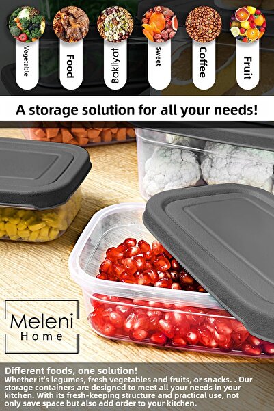 Meleni Home 6 Pieces Gray Rectangular Food Storage Container - 1200ml Microwavable Organizer