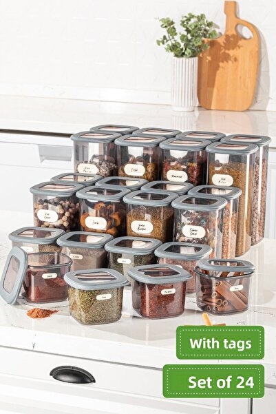 Vienev Set of 24 Poly Square Food Storage Containers with Labels 8X(0.55 Liter, 1.2 Liter, 1.75 Liter) Anthracite