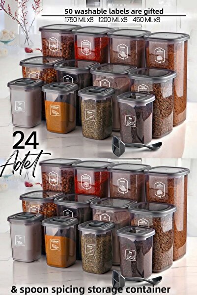 Kitchen Life 24-Piece Labeled Square Food Storage Container and Spice Bowl Set with Spoon - (1750ML 1200ML 400 ML)