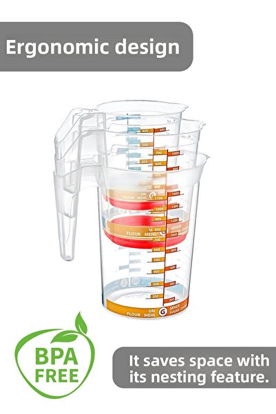 Meleni Home 3-Piece Measuring Cup Set - Measured Mixer Mixing Cup with Non-Slip Base and Handle 500 ml -1000 ml - 1750 ml