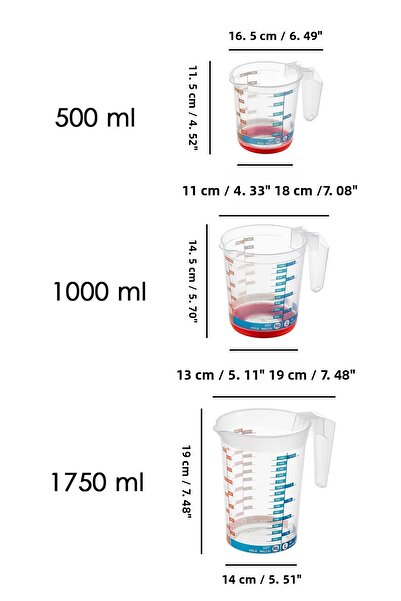Meleni Home 3-Piece Measuring Cup Set - Measured Mixer Mixing Cup with Non-Slip Base and Handle 500 ml -1000 ml - 1750 ml