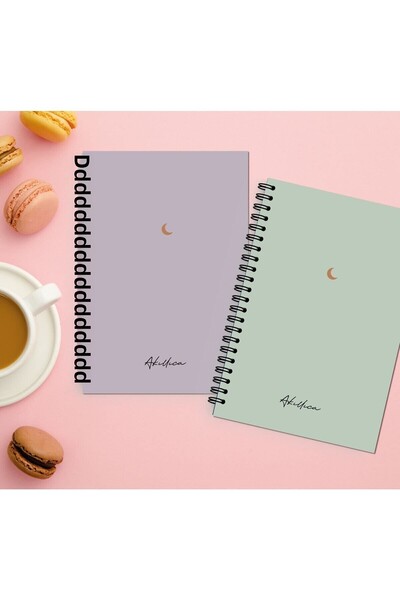 AKILLICA Set of 2 Unruled Notebooks 13 x 20 cm 56 Sheets Cardboard Cover Spiral Notebook Green + Purple Moon Series