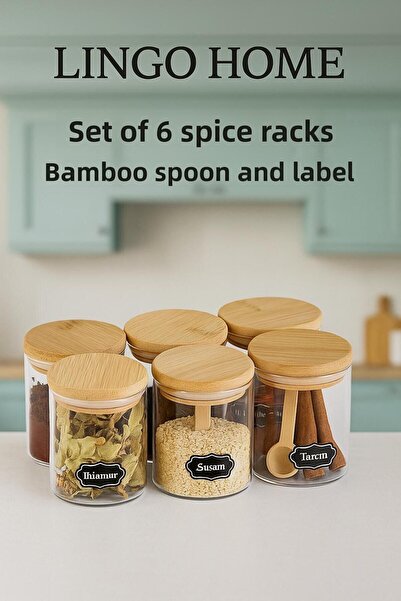 LİNGO HOME طقم برطمانات توابل مكون من 6 قطع مع أغطية من الخيزران وملعقة من ال...