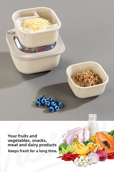 Vienev Set of 9 Beige Special Storage Containers with Vip Lids Suitable for Microwave and Freeze - 600-1100-1800 ml