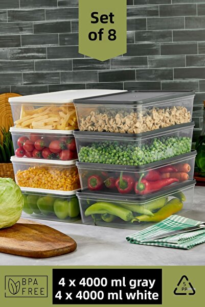 Espas Home Freshkeep Storage Container Set of 8 Suitable for Microwave and Deep Freezer - Gray / White / 8*4000 ml