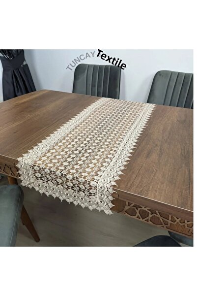 TUNCAY TEKSTİL Spider Pattern Laced Polyester Runner Ranir Coffee Table Tablecloth French Guipure Cover Brown