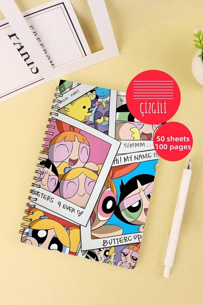 Anime Marketi دفتر مدرسي Powerpuff Girls مقاس A5 حلزوني 50 ورقة و100 صفحة - مسطر