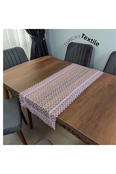 TUNCAY TEKSTİL Ivy Pattern Laced Polyester Runner Ranir Coffee Table Tablecloth French Guipure Cover Powder Pink