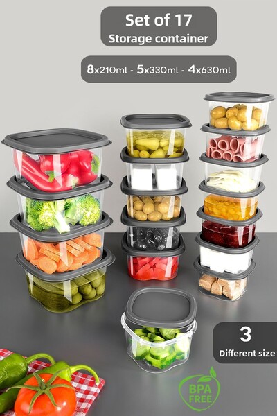 Meleni Home Anthracite Square Food Storage Set of 17 - Suitable for Microwave Deep Freezer