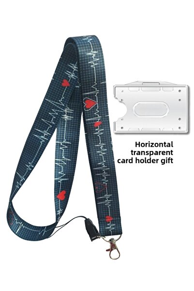 doktorbonem حزام بطاقة إيقاع القلب باللون الأزرق الداكن ECG، حزام للرقبة، حبل للهاتف، حزام للهاتف، حماية للبطاقة العمودية الأفقية
