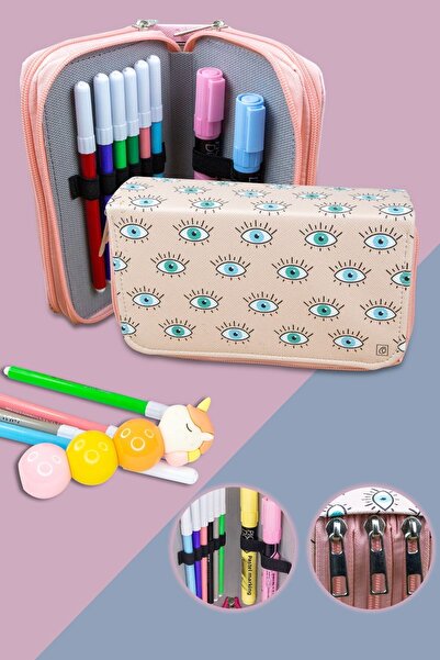 Size Husă pentru creion din piele vegană cu trei compartimente cu tematică oc...