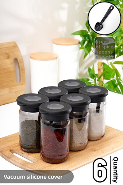 HOMENIVA Black Pearl 6 Pieces Glass Jar Spice Set - Vacuumed with Silicone Lid