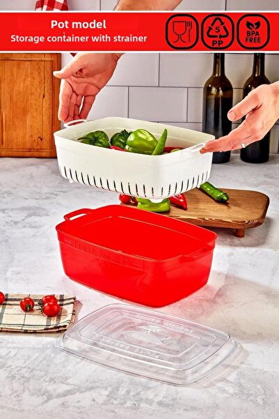 Poomy Fruit-Vegetable Storage Pot with Red Strainer and Model